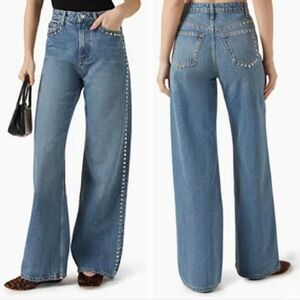 NWT HOUSE OF HARLOW High Rise Blue Denim Long Jeans Wide Leg Studded Details 4
